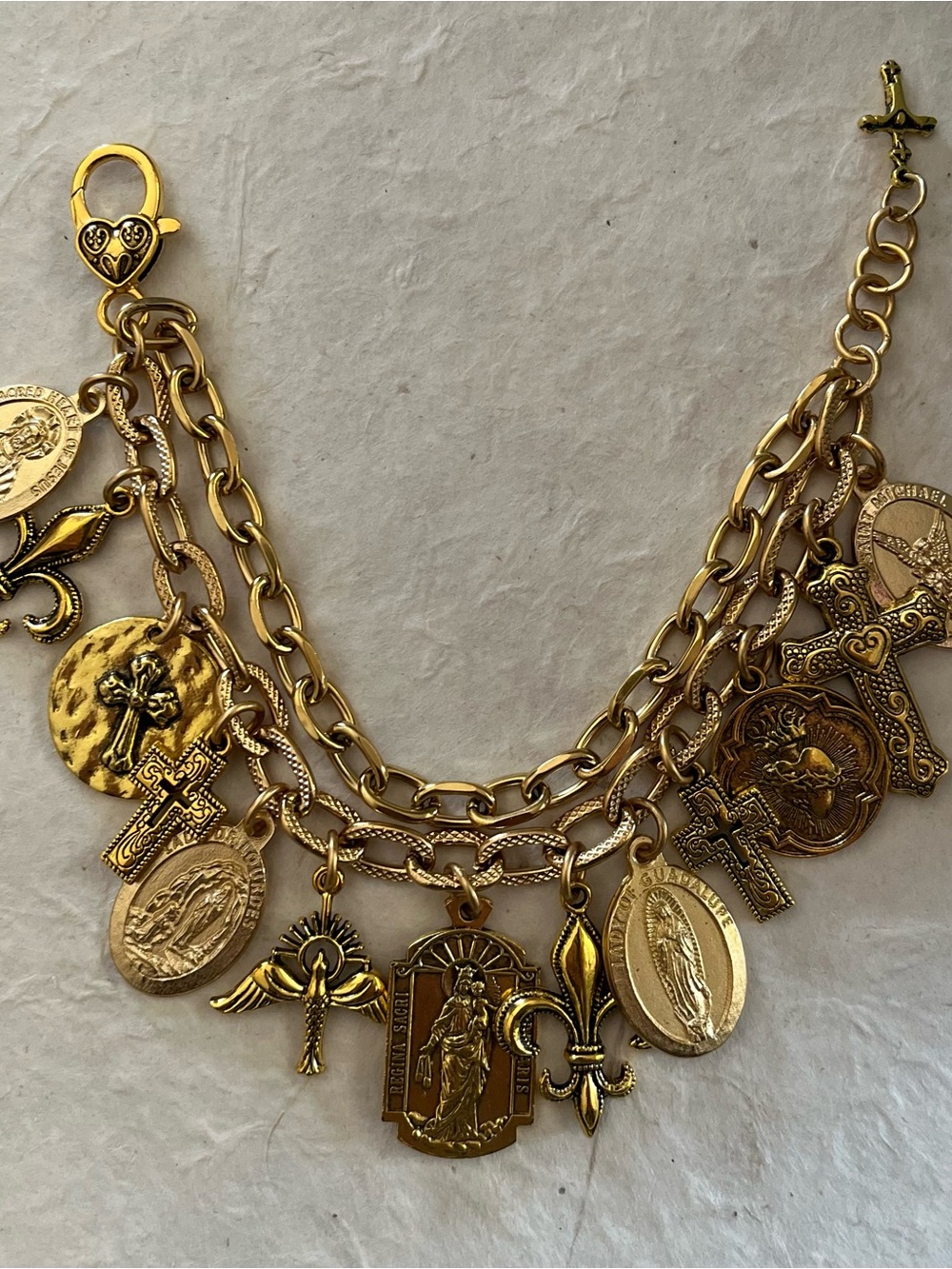 Catholic Saints and Crosses Charm Bracelet, Gold Tone Medals - Picture 5 of 12